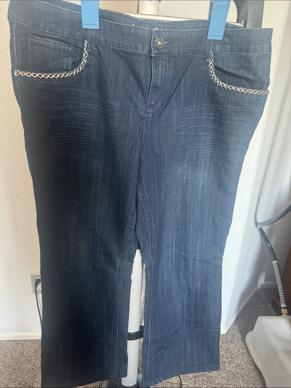INC International Concepts Dark Blue Boot Cut Jeans with Braided Pocket Trim
